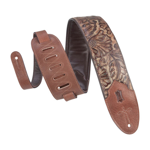 Levy's Sundance Series guitar strap in Palm Pecan, featuring floral tooling on one side, smooth brown leather with adjustment slots, and a stitched end with an attachment hole.
