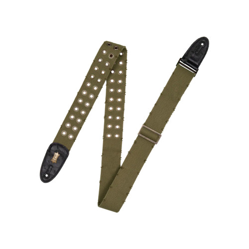 Levy's Worn and Torn Series cotton guitar strap in olive green with brass eyelets, black leather ends, and adjustable buckle.