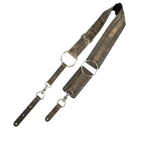 Levy's 3-Inch Baldric Series leather guitar strap in distressed black, featuring padded shoulder section, metal rings, and adjustable buckles.
