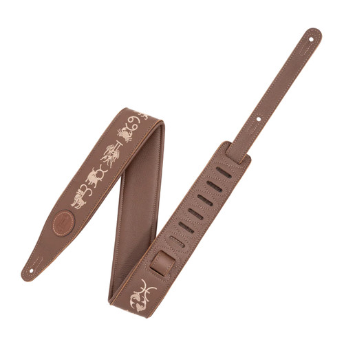 Brown leather guitar strap from Levy's Celestial Beings series, featuring light tan zodiac symbols including Cancer, Leo, Virgo, Libra, Scorpio, and Sagittarius. The strap includes multiple adjustment holes and a stitched oval patch with the Levy's logo.