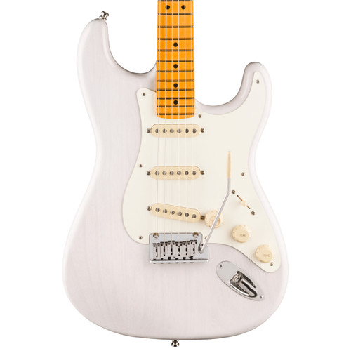 Electric guitar with a white blonde finish, white pickguard, three single-coil pickups, maple neck and fretboard, and three control knobs.