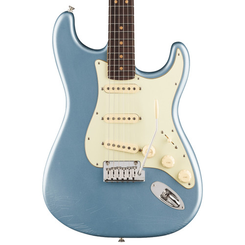 Ice Blue Metallic electric guitar with white pickguard, three single-coil pickups, rosewood fretboard, tremolo bridge, and three control knobs.