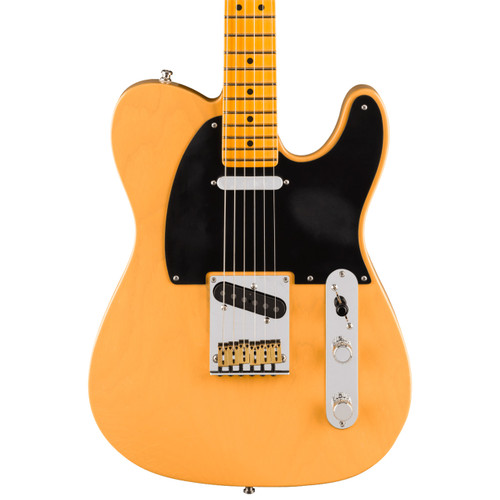 Electric guitar with a butterscotch blonde finish, black pickguard, two single-coil pickups, control plate with two knobs and a switch, Telecaster-style body.