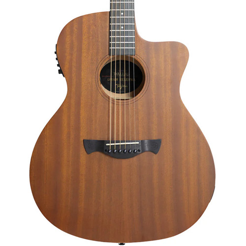 Front view of a natural wood Tagima Dallas Gran Reserva guitar with cutaway design, dot inlays, black bridge with white dotted black bridge pins, and visible Gran Reserva label in the soundhole.