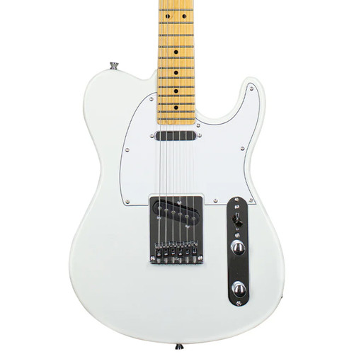 White electric guitar with black pickguard, maple neck and fretboard, two pickups, two control knobs, pickup selector switch, and Telecaster-style body.