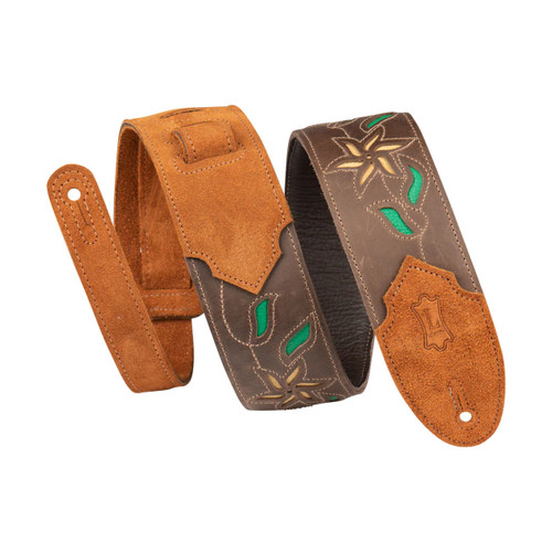 Levy's M4FV-DBR brown leather guitar strap with floral stitching, green leaf cutouts, yellow flower accents, and lighter brown ends for attachment.