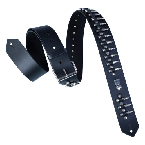Levy's PM28-2B-BLK black guitar strap with metal bullet-shaped studs, adjustable buckle, multiple attachment holes, and Levy's logo emblem.