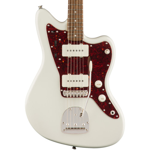 White electric guitar with tortoiseshell pickguard, two white single-coil pickups, tremolo arm, and Indian Laurel fretboard with dot inlays