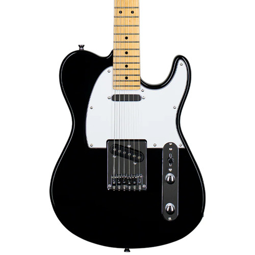 Black electric guitar with white pickguard, maple neck and fretboard, two pickups, two control knobs, pickup selector switch, and Telecaster-style body.