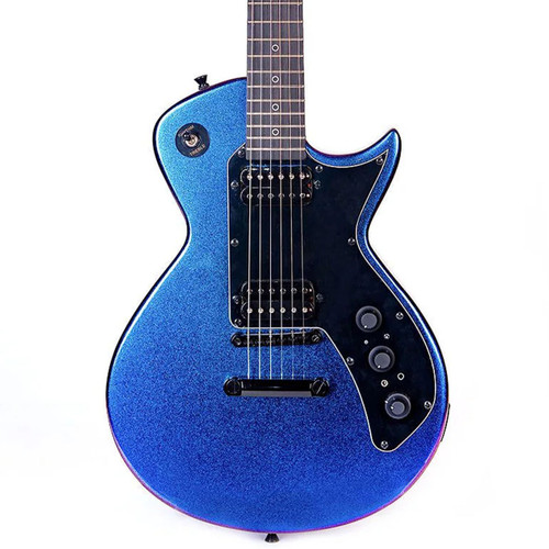 Electric guitar with metallic blue to purple flip body, black pickguard, two humbuckers, four control knobs, dot inlays, and a toggle switch. Electric guitar with metallic blue to purple flip body, black pickguard, two humbuckers, four control knobs, dot inlays, and a toggle switch.