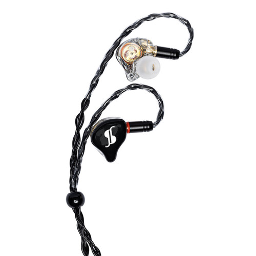 Stagg SPM-PRO in-ear monitors with black and transparent earpieces, visible internal components, Stagg logo, and braided black cable.