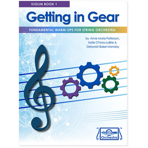 Cover of 'Getting in Gear Book 1 – Violin', featuring colorful graphics and musical symbols, designed to appeal to intermediate string students and educators.