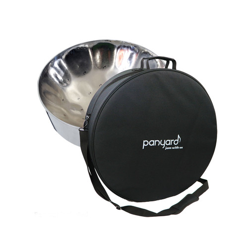 A black steel pan bag with PANYARD printed across the front and a silver steel pan behind it.