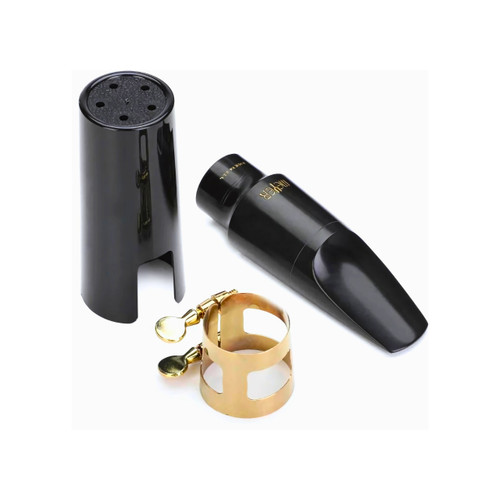 A Meyer alto saxophone mouthpiece beside a black cap and gold ligature.