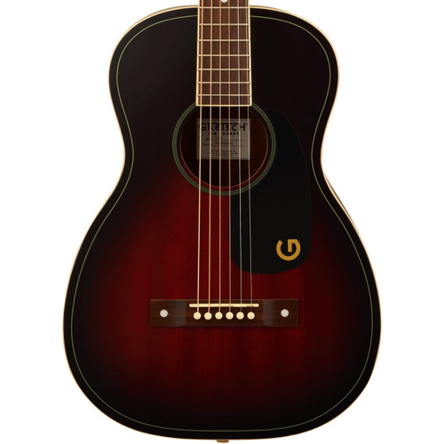 Gretsch Jim Dandy parlor acoustic guitar with deep cherry burst finish, black pickguard with gold 'G' logo, and compact six-string body. Gretsch Jim Dandy parlor acoustic guitar with deep cherry burst finish, black pickguard with gold 'G' logo, and compact six-string body.
