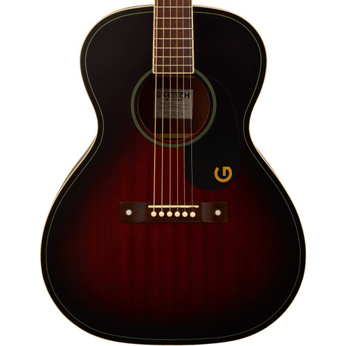 Gretsch Jim Dandy concert body acoustic guitar with deep cherry burst finish, black pickguard with gold 'G', dot inlays, and labeled soundhole.