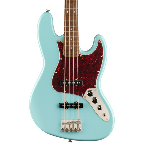Squier Classic Vibe '60s Jazz Bass in Daphne with a tortoiseshell pickguard, dual pickups, and three control knobs.
