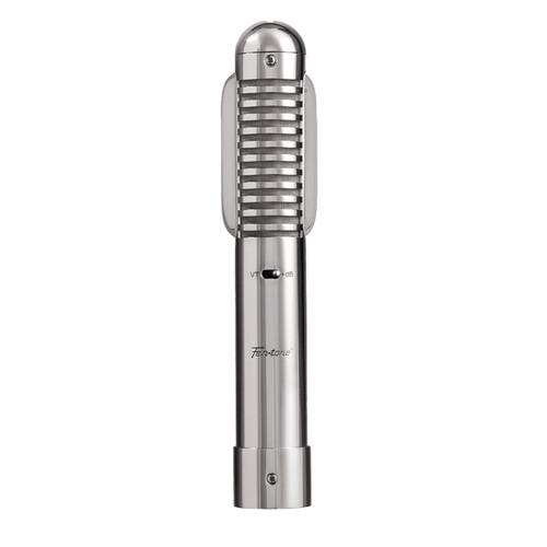 Metallic ribbon microphone with a cylindrical body, rounded grille top, and sleek finish, designed for professional audio recording. Metallic ribbon microphone with a cylindrical body, rounded grille top, and sleek finish, designed for professional audio recording.