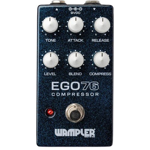 Front view of Wampler Ego 76 Compressor pedal in dark blue finish with six silver knobs labeled Tone, Attack, Release, Level, Blend, and Compress, a footswitch, and a red LED indicator. Front view of Wampler Ego 76 Compressor pedal in dark blue finish with six silver knobs labeled Tone, Attack, Release, Level, Blend, and Compress, a footswitch, and a red LED indicator.