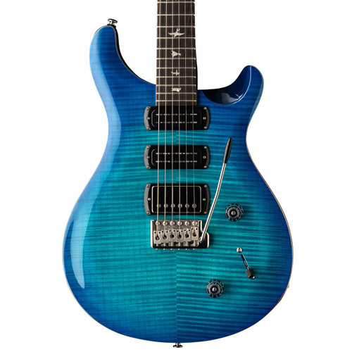 PRS SE Studio electric guitar with flamed maple top in Lake Blue finish, featuring three pickups, tremolo bridge, and bird inlays.