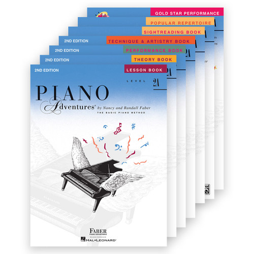 Piano Adventures Level 2A book set by Nancy and Randall Faber, 2nd Edition, including lesson, theory, performance, technique and artistry, sightreading, popular repertoire, and gold star performance books.