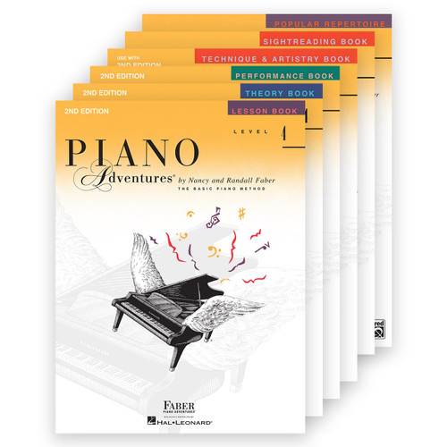 Piano Adventures Level 4 book set by Nancy and Randall Faber, 2nd Edition, including lesson, theory, performance, technique and artistry, sightreading, and popular repertoire books.