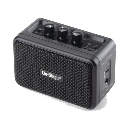 Compact On-Stage TGA01 travel guitar amp featuring three control knobs and headphone input on side.