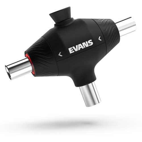 EVANS Pull Cord Drum Key angled horizontally, displaying three chrome key heads and a black body with the EVANS logo and red ring indicator for loosening tension rods.