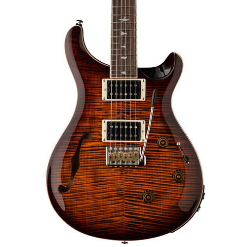 Front view of a PRS SE Custom 24 Semi-Hollow Piezo electric guitar in Orange Tiger Smokeburst, featuring an f-hole, dual humbuckers, tremolo bridge, and three control knobs.