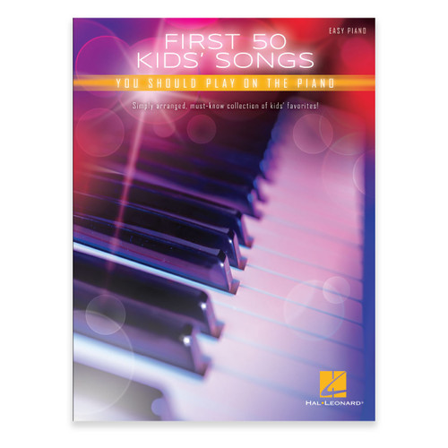Front cover of “First 50 Kids’ Songs You Should Play on the Piano” easy piano songbook, featuring a close-up of piano keys with vibrant purple and pink tones.