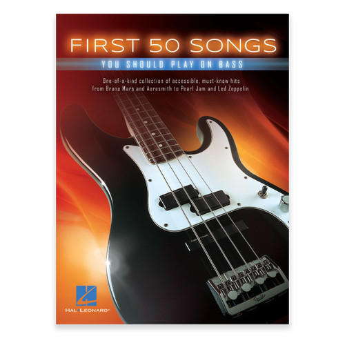 Front cover of First 50 Songs You Should Play on Bass featuring a black electric bass guitar on a fiery orange background with Hal Leonard branding.
