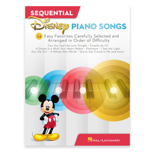 Front cover of Sequential Disney Piano Songs easy piano book with Mickey Mouse illustration and colorful piano keys, highlighting 24 Disney favorites.
