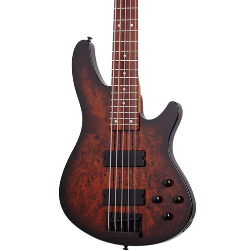 Schecter C-5 Standard 5-string bass guitar in Tobacco Burl finish, featuring dual soapbar pickups, four control knobs, and contoured body.