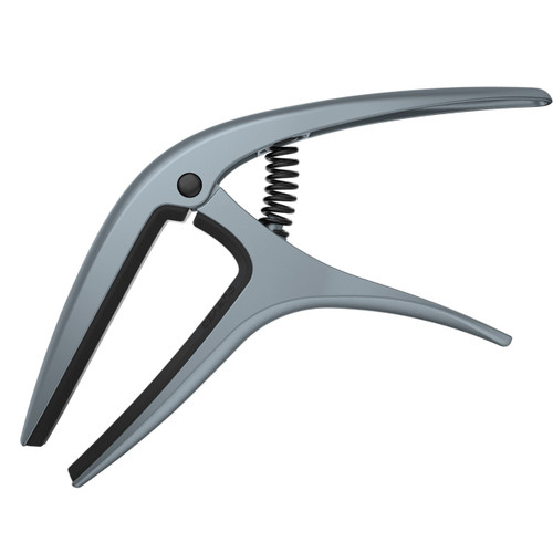 Blue Steel Ernie Ball Axis Capo with a sleek curved design, spring-loaded mechanism, and dual-radius grip for flat or curved guitar fretboards.
