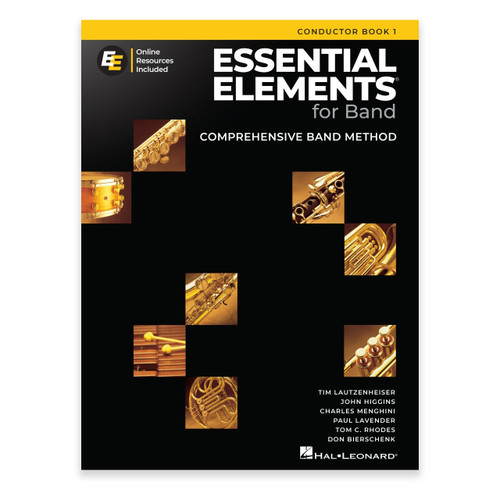 Front cover of Essential Elements for Band Conductor Book 1, black background with brass and woodwind instrument images, Hal Leonard logo, and author credits.