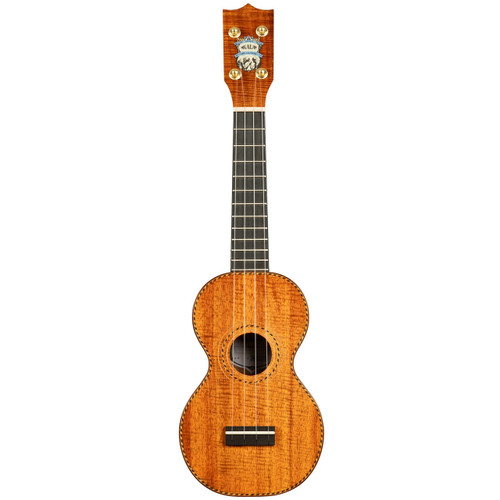 Front view of a Kala KA‑F8D‑KOA‑S soprano ukulele with a glossy solid Hawaiian koa body, figure‑8 shape, rope‑style rosette and purfling, ebony fingerboard, and headstock with planetary tuners.