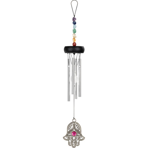 Meinl Sonic Energy HCC12MINI Mini Chakra Chime featuring silver metal tubes, black wooden top, colorful chakra stones, and a decorative Hamsa hand pendant with pink gem.