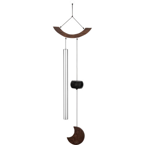 Meinl Sonic Energy MMC35S Moon Meditation Chime featuring a single silver aluminum tube, dark wooden crescent top, black striker, and crescent-shaped windcatcher.