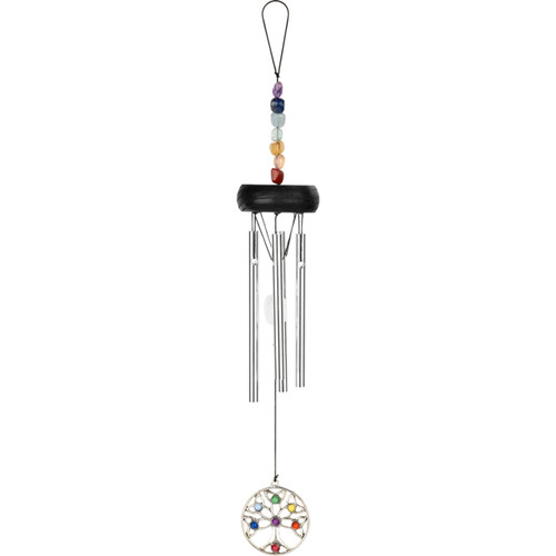 Meinl Sonic Energy TOLCC12MINI Mini Chakra Chime featuring silver metal tubes, black wooden top, colorful chakra stones, and a decorative crystal pendant.