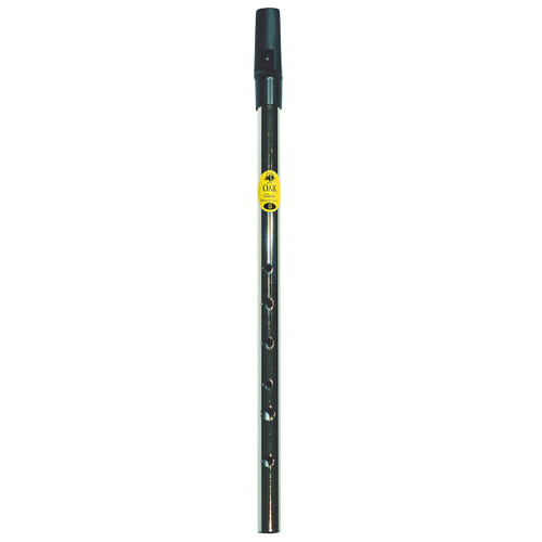 Oak OK64993 Classic Pennywhistle in key of D, featuring a polished metal body with six finger holes and a black plastic mouthpiece.