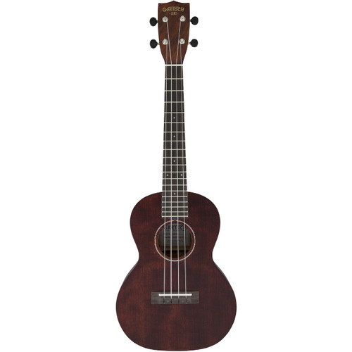 Front view of a Gretsch G9120 tenor ukulele with a dark mahogany body, four strings, a smooth satin finish, and a simple rosette around the soundhole, photographed against a white background.