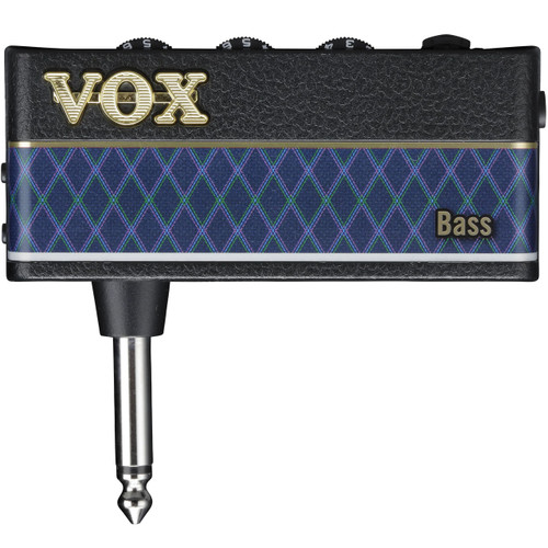 Vox amPlug 3 Bass headphone amplifier featuring a black textured body with a gold VOX logo, a blue diamond-patterned grille, and a 1/4-inch plug for direct connection to a bass guitar.