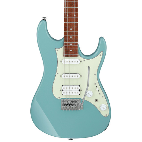 A Purist Blue Ibanez AZES40 electric guitar with HSS pickup configuration, a mint green pickguard, vintage‑style tremolo, maple neck, and jatoba fingerboard with dot inlays.