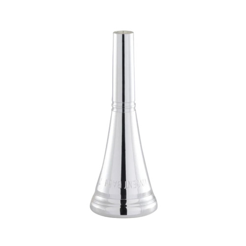 Front view of a silver-plated Bach flugelhorn mouthpiece with a long, tapered shank and wide, rounded cup, photographed against a white background.