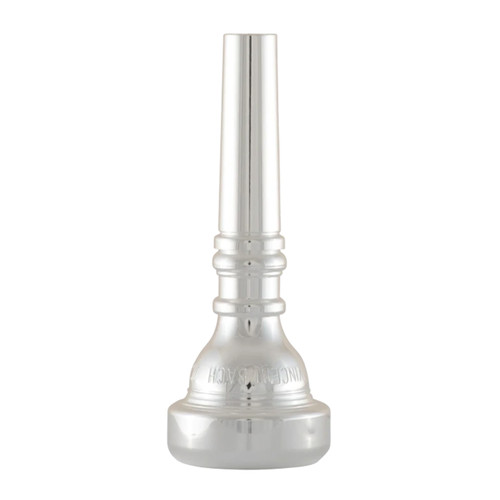 Front view of a silver-plated Bach Standard cornet mouthpiece, showing its rounded rim, deep cup, and tapered shank, photographed against a white background.