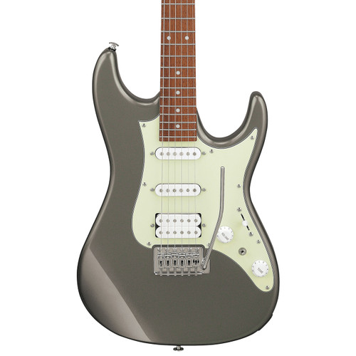 A Tungsten Ibanez AZES40 electric guitar with HSS pickup configuration, a mint green pickguard, vintage‑style tremolo, maple neck, and jatoba fingerboard with dot inlays.