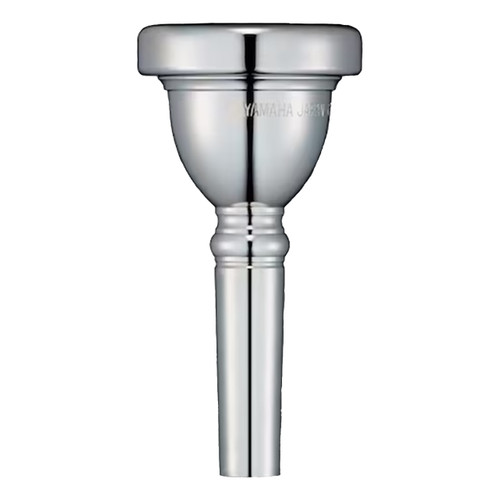 A silver Yamaha tuba mouthpiece shown upright, featuring a wide rounded rim, deep bowl-shaped cup, engraved Yamaha branding, and a smoothly tapered shank.