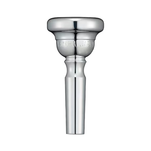 A silver Yamaha cornet mouthpiece shown upright, featuring a rounded rim, engraved branding on the cup, and a smooth tapered shank.