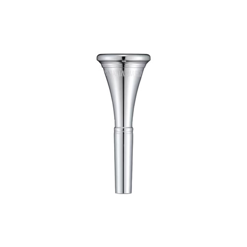 A silver Yamaha f horn mouthpiece shown upright, featuring a shallow flared cup, smooth rounded rim, engraved branding near the cup, and a tapered shank.