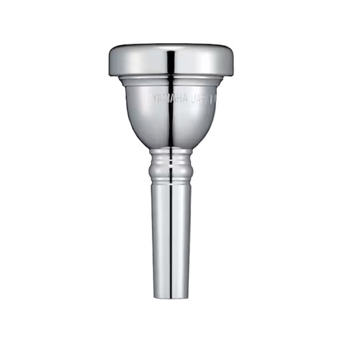 A silver Yamaha trombone mouthpiece shown upright, featuring a shallow flared cup, smooth rounded rim, engraved branding near the cup, and a tapered shank.